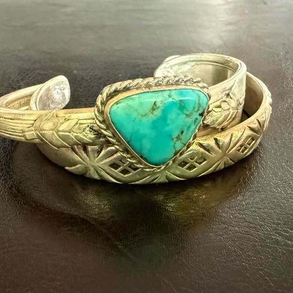 Kingman Turquoise and Silver Spoon Bracelet bundle of 2 - Picture 1 of 5
